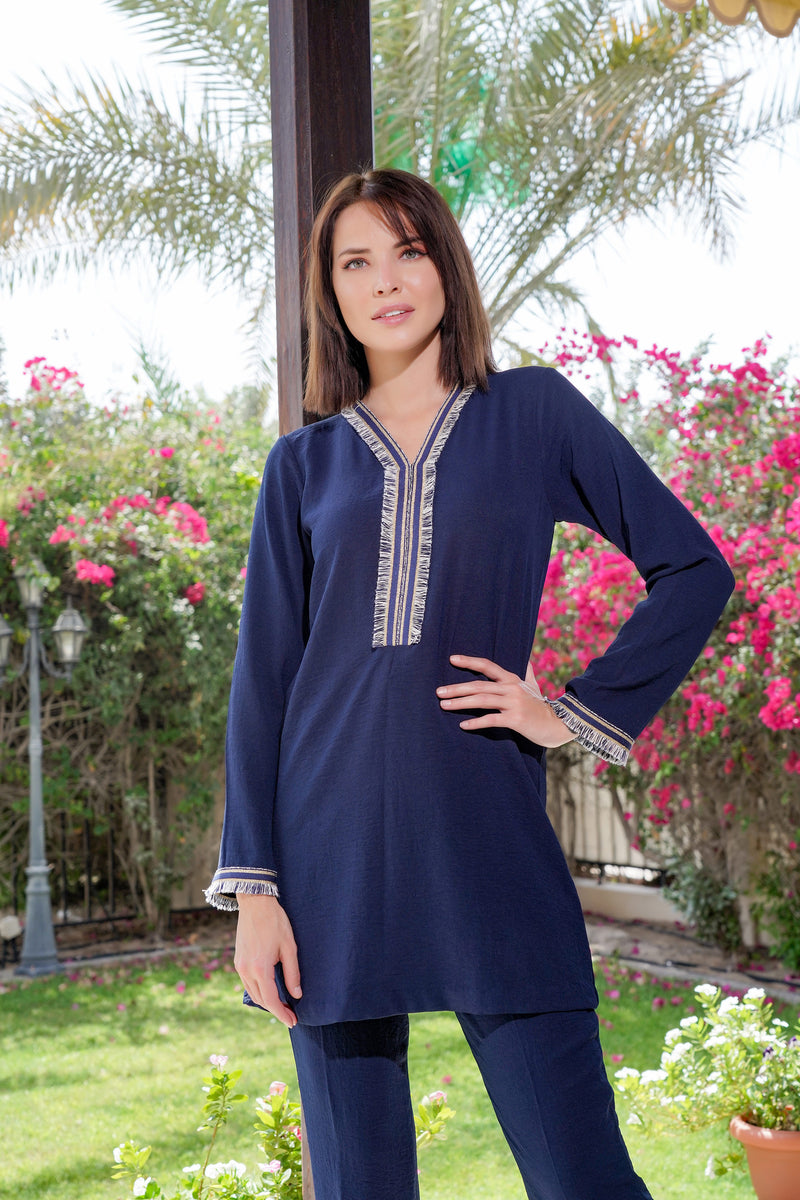 2021 Navy Co-ord Set with Tassel Modest Set Co ord: Navy Blue Blouse Cigarette Pants