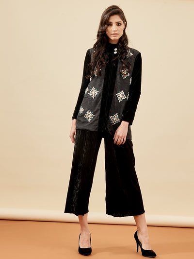 Crystal Embroidered Black Velvet Jacket | Modest Fashion 