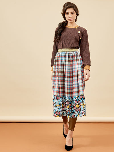  Knitted Midi Dress with Printed Skirt | Fall Winter Modest Midi Dress
