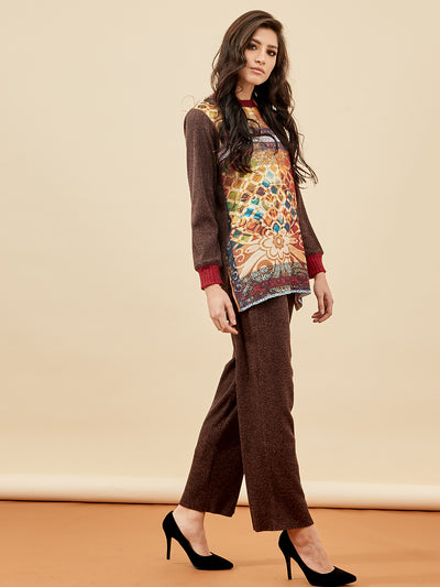 Printed Co-ord Set Brown & Maroon Modest Top with Pants