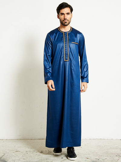 Navy Blue Formal Thobe with Golden Bronze Embroidery | Navy Blue Jubba