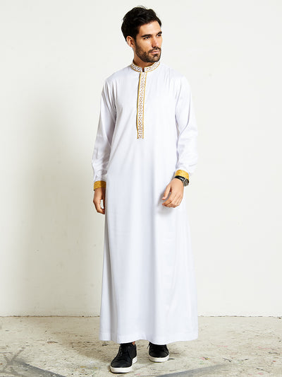 2020 Wedding Nikah thobe (jubba) | Luxury White Thobe with Golden Hand Embroidery 