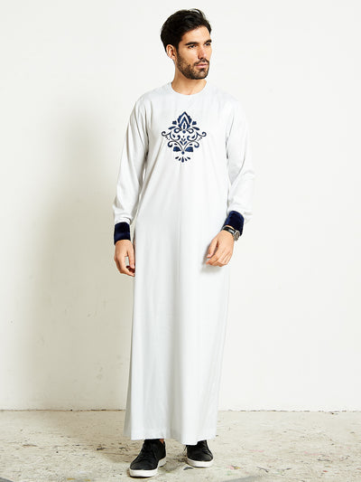  White Sheen Formal Thobe with Navy Blue Hand Embroidery | Wedding Thobe | Nikah Thobe