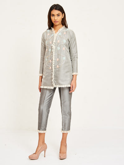 ORGANZA EMBROIDERED JACKET TOP WITH SILK PANTS