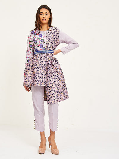  Long Sleeve Embroidered Dress With Silk Pants and Beaded Belt | Embroidered Yoke 