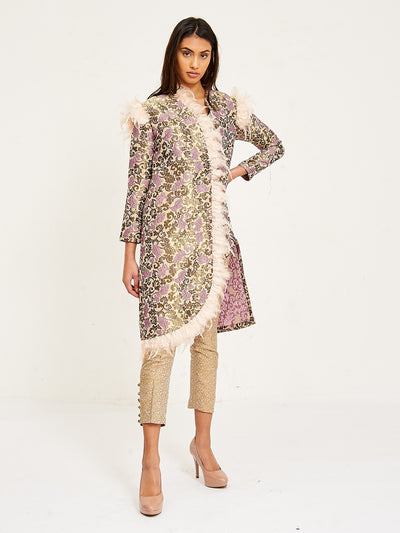 Elegant Modest Clothing | Brocade Jacket Golden and Shiny Dusty Pink  with Pants and Feather Details