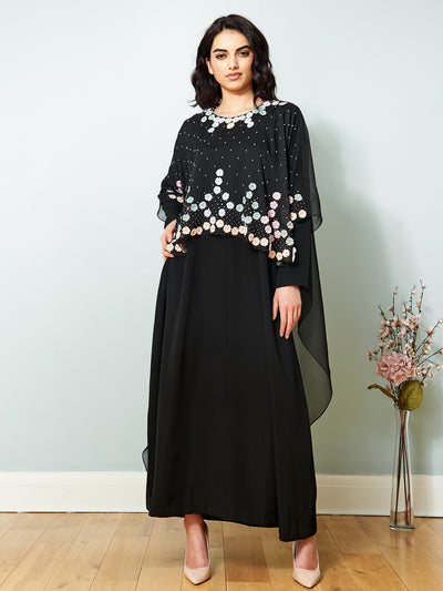 Embroidered Chiffon Cape Dress with Tunic, Free size dress, Designer fashion