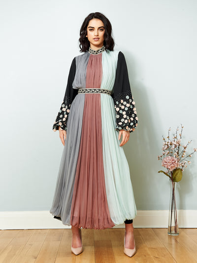 Maxi Chiffon Dress with Long Embroidered Sleeves