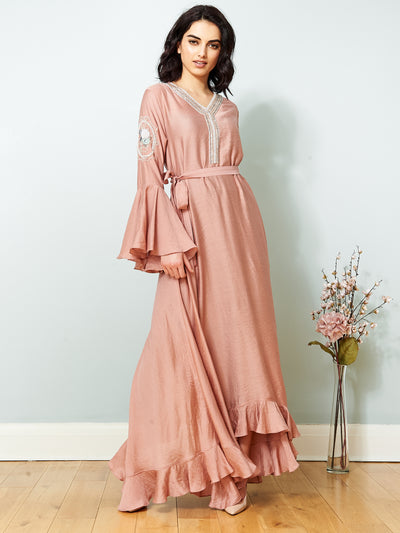 Maxi Frill Dress with Hand Embroidery, Long Dusty Pink Dress