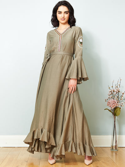 Maxi Frill Dress with Hand Embroidery, Designer Fashion, Eastern Fashion, Long Embroidered Dress