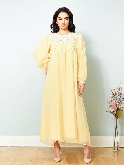 Long Lemon Yellow Embroidered Chiffon Dress
