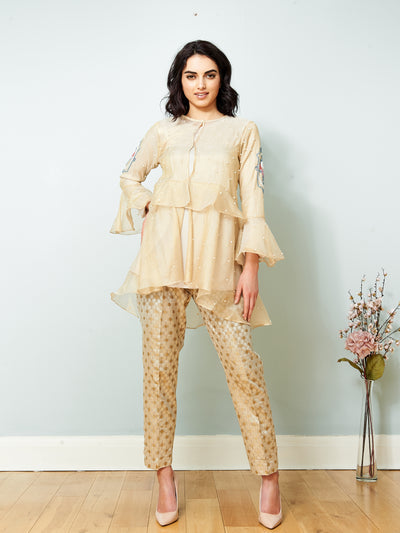 Frilled Jacket with Pants, Designer Fashion, Eastern Style, Gold and Beige Tones