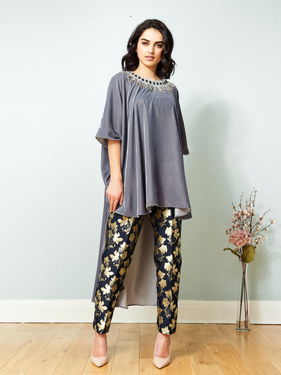 Velvet Grey Fabric Hi Lo Cape with Fully crystal hand embroidered neckline FREE SIZE CAPE Navy and Gold brocade Pant