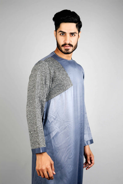 Chenille Mens thobe grey with ribbed sleeve