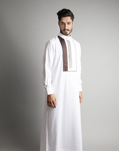 Chenille Mens white thobe with detailed yoke