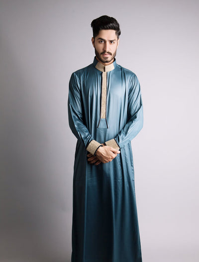 Chenille Mens teal thobe with detail collar & cuff | Teal green thobe (Jubba) | Men's Thobe