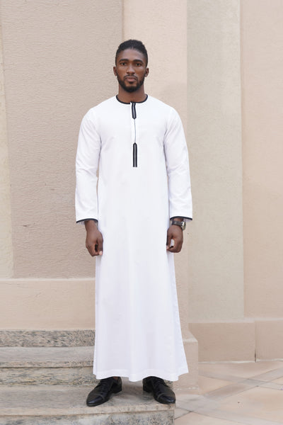 Designer Abaya for Men | White Thobe | White Jubba | Slim fit White Thobe with Black lines on the Placket
