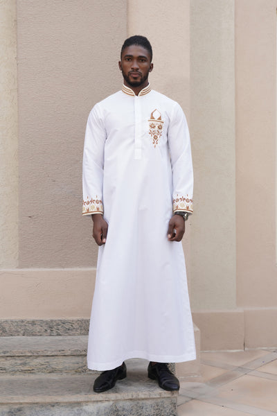 White Summer Luxury Thobe with Golden Hand Embroidery | Designer Abaya for Men