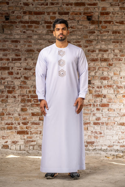 White Luxury Thobe with Modern Hand Embroidery | White Formal Thobe (Jubba) | Nikah Thobe | Summer Thobe | Omani Thobe
