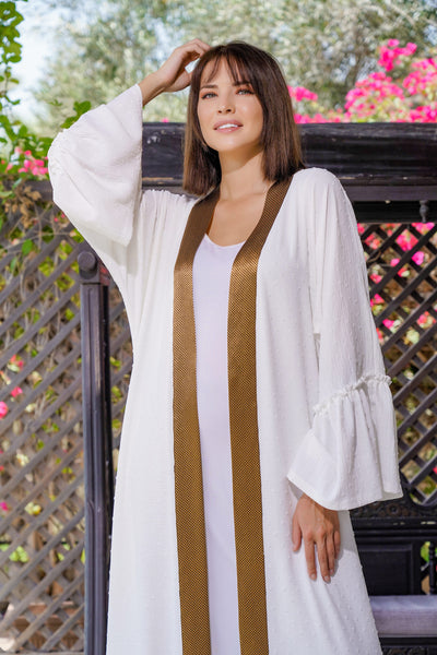 Open White with Gold Abaya | Designer Cape Abaya for Summer with frilled sleeves | Modest Fashion
