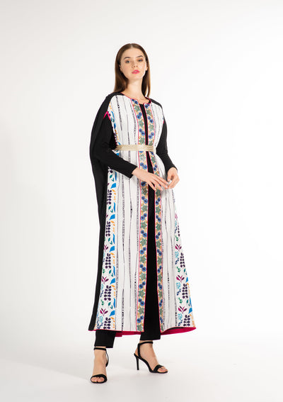 Unique Printed Cape for Spring & Summer | Free size Long Cape Dress with Lace Embroidery and Brocade Silver Belt