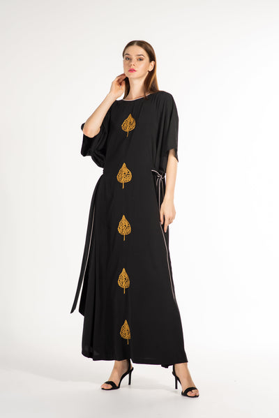 Black Long Modest Kaftan Dress with Tie side Belt and Golden - Cream Hand Embroidery | Free size Boho Kaftan Dress