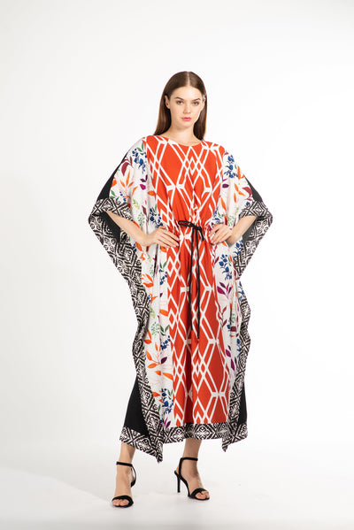 Unique Printed Summer Kaftan Dress Boho, Perfect for Beach,  Orange and White Front Black Beck
