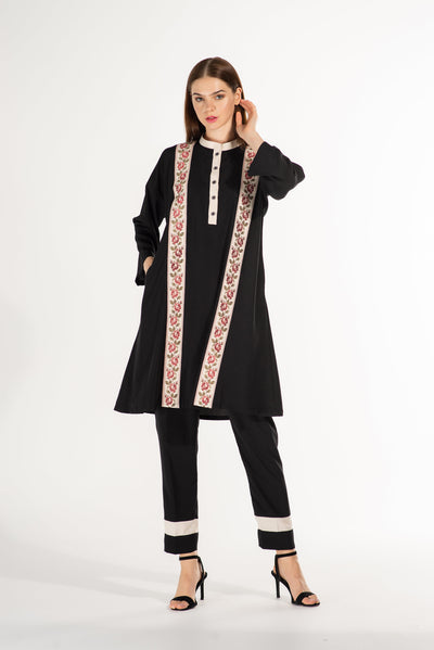 Modest Black, Pearl & Pink Tunic with Pants | Long Modest Black Tunic Dress with Pants