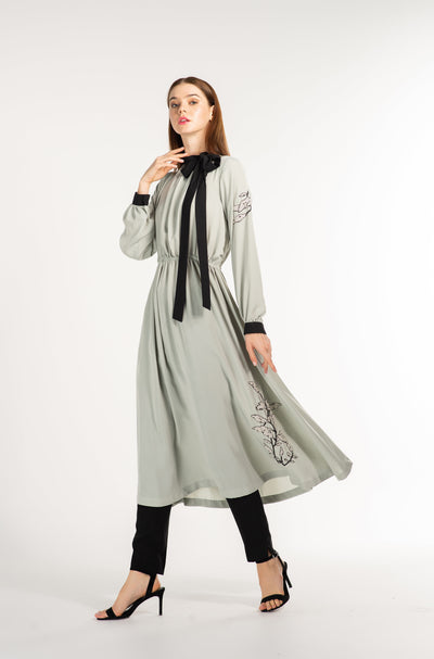 Boho Modest Midi Mint Dress with a black Tie Collar and Hand Embroidery
