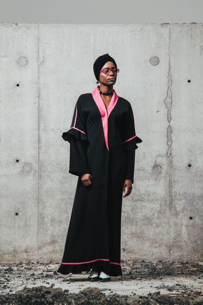Midnight Black Abaya Dress | High End Modest Dress | Black Designer Abaya Pink Details