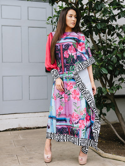 BLOOM One Sleeved Kaftan Dress | Printed Silk Summer Designer Kaftan Dress