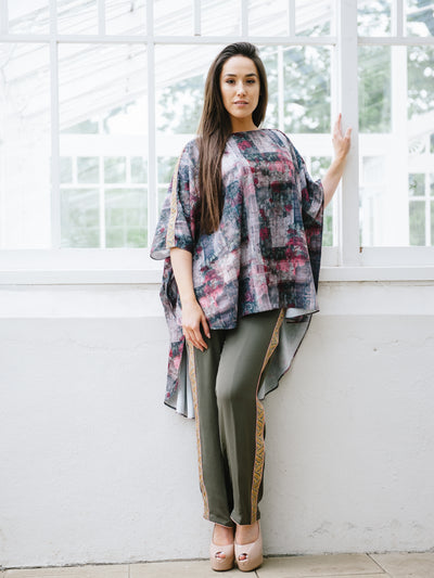 Overlap Printed Silk Collar Top & Crape Piped Pants for Summer - Free Size Cape - Plus Size Summer  Cape & Pants