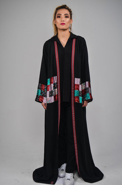 Black Open Abaya with Checked Detailing |  Designer Abaya Cape