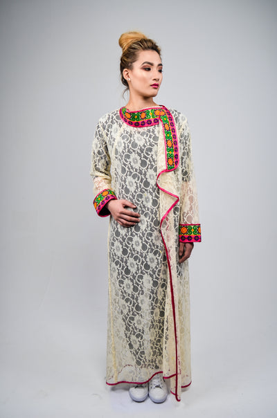 Cream Net Long Cape Dress with Multicolor Borders | Beach Kimono | Modest Fashion