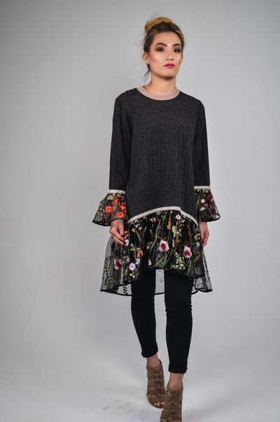 Dark Grey Winter Jumper Dress with Embroidered Till Frill | Chenille Jumper Unique Feminine Modest