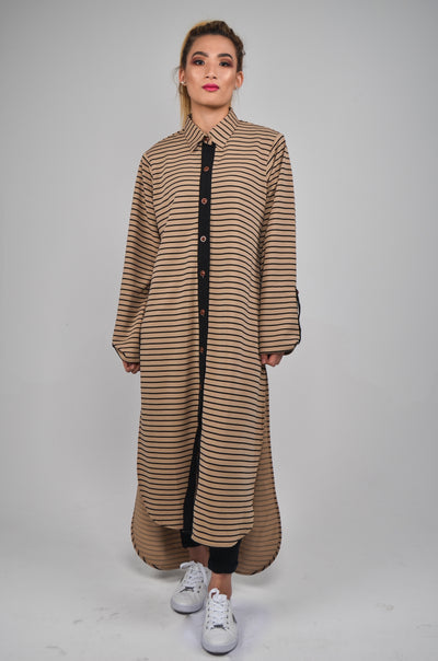 Shirt Dress - Camel / Black Stripe | Cosy Modest Jersey Dress
