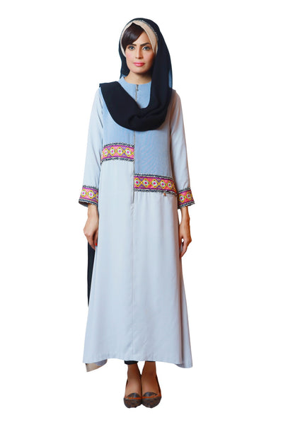 Chenille-Sky Blue Zipper Abaya-Casual Abaya Dress | Modest Long Dress