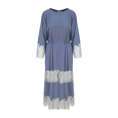 DESIGNER MODEST DRESS | SOFT BLUE DRESS WITH WHITE LACE 
