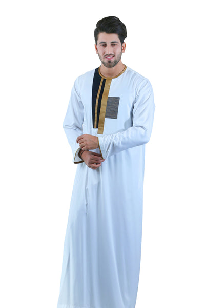 Comfortable White Men's Thobe (Jubba) | Funky Thobe with Black and Golden Details