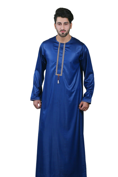 Navy Blue Trendy Thobe with  Embroidered Placket | Luxury Thobe for Men
