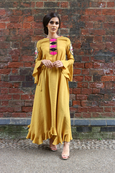 Pre Fall Mustard Yellow Boho Dress with Hand Embroidered Motifs | Modest Fashion 