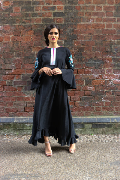 Pre-Fall Black Dress with Hand Embroidered Motifs | Long Modest Boho Vintage Black Dress