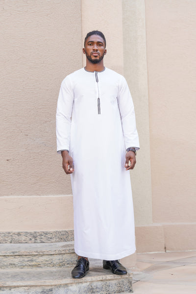 White casual Thobe with Blue detailing on placket & around collar