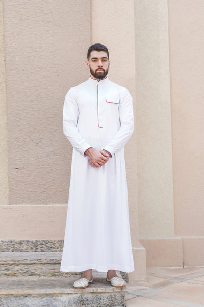 White thobe with maroon details | Slim fit thobe white | Abaya for men
